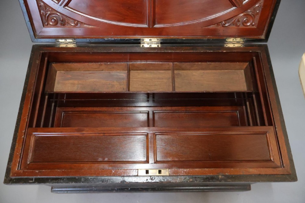 A Victorian painted wooden cabinet makers tool chest with hand-painted lettering on the front exterior and a mahogany fitted interior with geometric lid panelling. View XIV