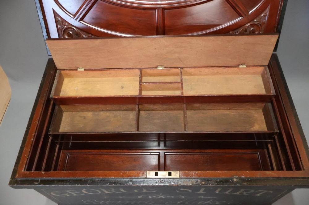 A Victorian painted wooden cabinet makers tool chest with hand-painted lettering on the front exterior and a mahogany fitted interior with geometric lid panelling. View XV