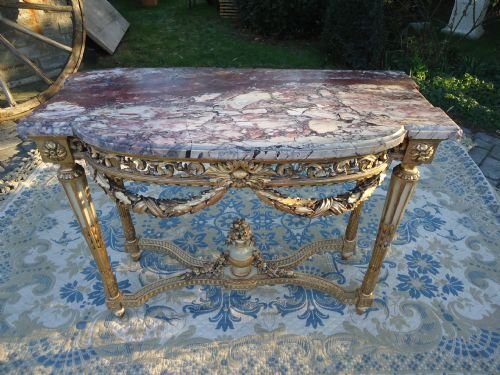 French Marble Top Gilded & Painted Console Table