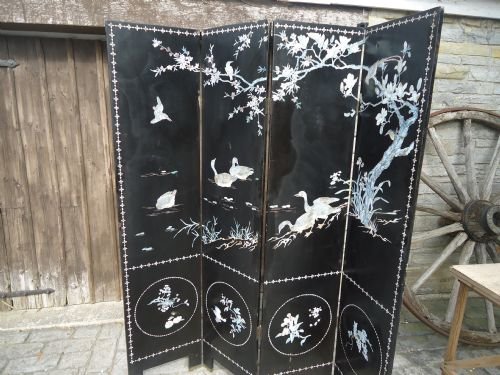 Oriental  Mother of Pearl & Lacquered Four Fold Screen