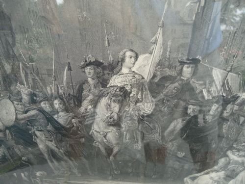 fig 1. LARGE BURR OAK FRAMED PRINT OF BONNIE PRINCE CHARLIE ENTERING EDINBURGH IN 1745