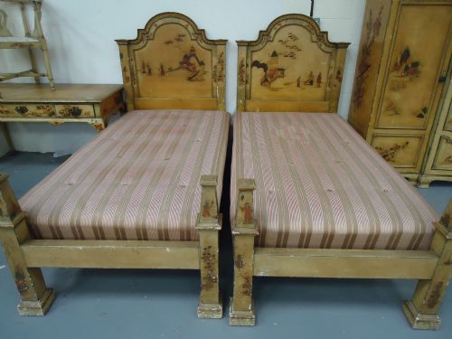 Pair of Chinoiserie Painted Single Beds