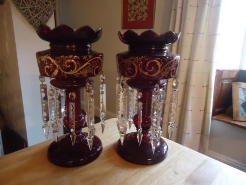 Pair of Ruby Double Drop Victorian Lustres