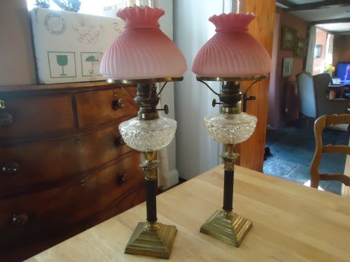Pair of Victorian Oil Lamps with Satin Glass Shades