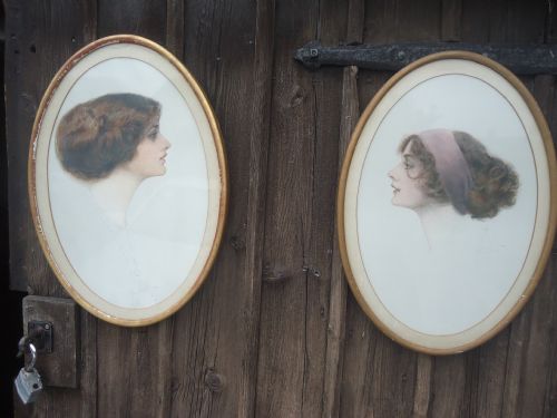 Pair of Oval Framed Portrait Prints of Young  Ladies Circa 1920