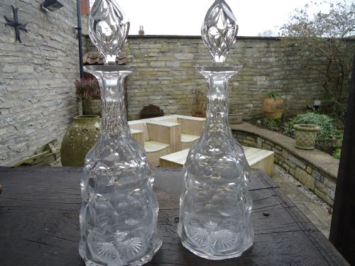 Fine Pair of Victorian 14 Ins Cut Glass Decanters