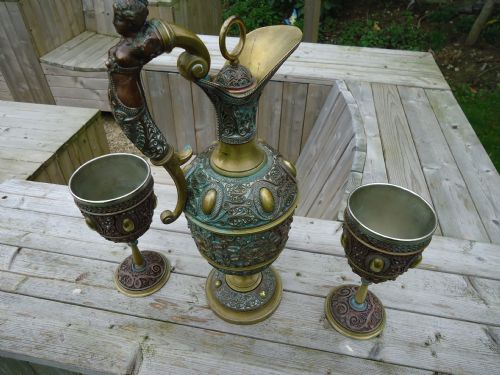 Cellini Style Claret Jug with Pair of Goblets