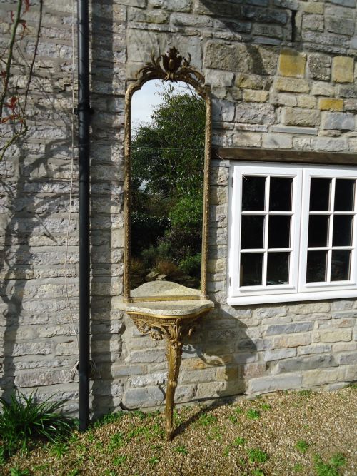 French 19th Century Gilded & Marble Top Console Table and Gilded Mirror
