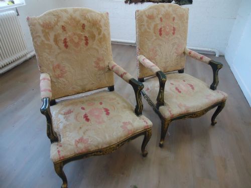 Pair French Regency Style Green and Parcel Gilt Painted Armchairs
