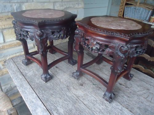 Pair of Chinese Hardwood Marble Inset Stands