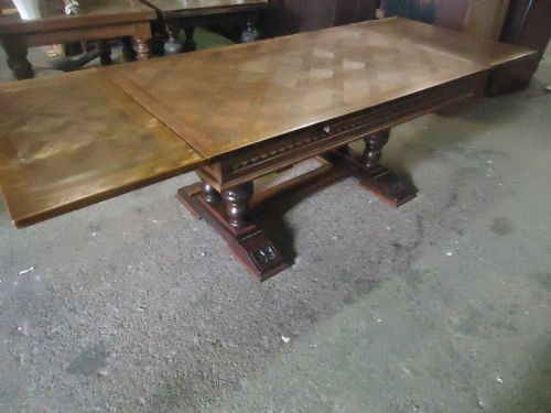 French Oak Parquetry Refectory  /Draw Leaf Extending Dining Table