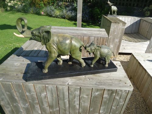 French  Deco Model of Mother and Calf Elephant.  Bronzed Hard Metal on Marble Base.
