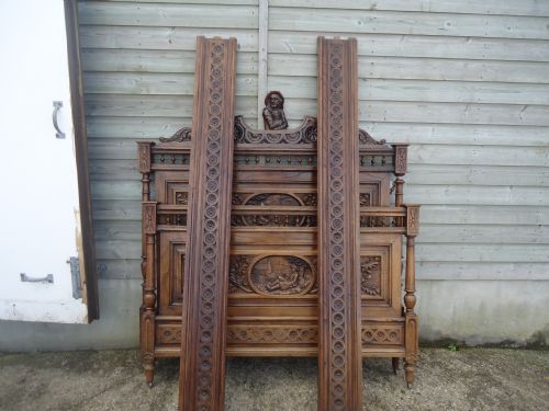 Heavily Carved Breton French 57 Ins Wide Chestnut Wood Bed