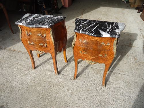 Two Similar French Walnut Marble Top Ormolu Mounted Bedside Cabinets/cupboards