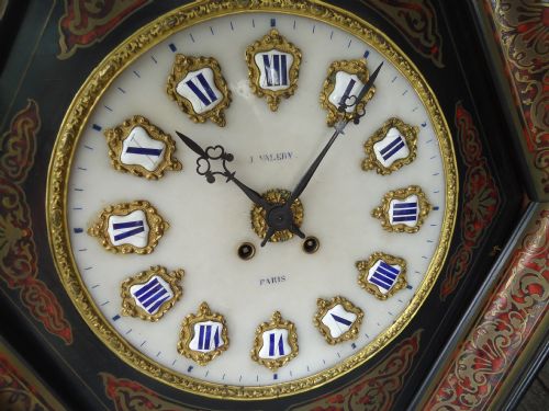 French Boulle , Hexagonal Wall Clock with Enamelled Numbering and Alabaster Face by Paris Maker J.valery