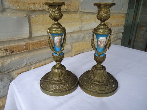 Pair Gilded Bronze Candlesticks with Sevres Panels and Ornate Swags.