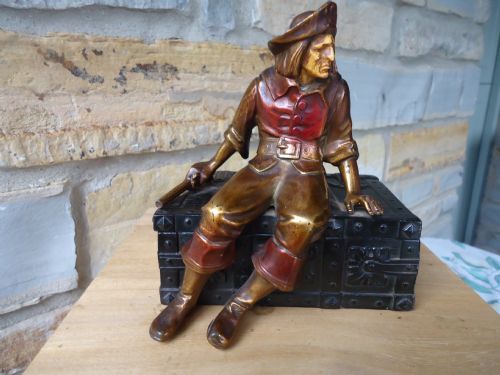 French Gilded and Painted Metal Figure of a Pirate Sitting on a Bounty Chest. Jewellery/trinket Box.