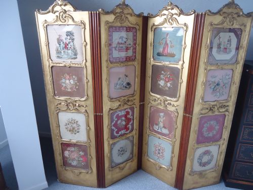 Four Fold Victorian Gilded Screen with 16 Needlepoint Panels