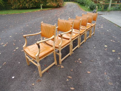Set of Six Limed Oak Dining Chairs with Leather Upholstery (Four Plus Two Carvers)