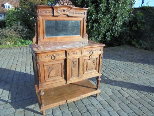 French 19th Century Marble Top Mirror Back Oak Cupboard