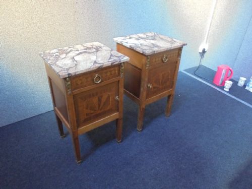 Pair of French Marble Top Empire Style Bedside Cabinets .