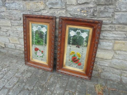 Pair of Victorian Etched , Bevelled and Decorated Mirrors, Oak Frames