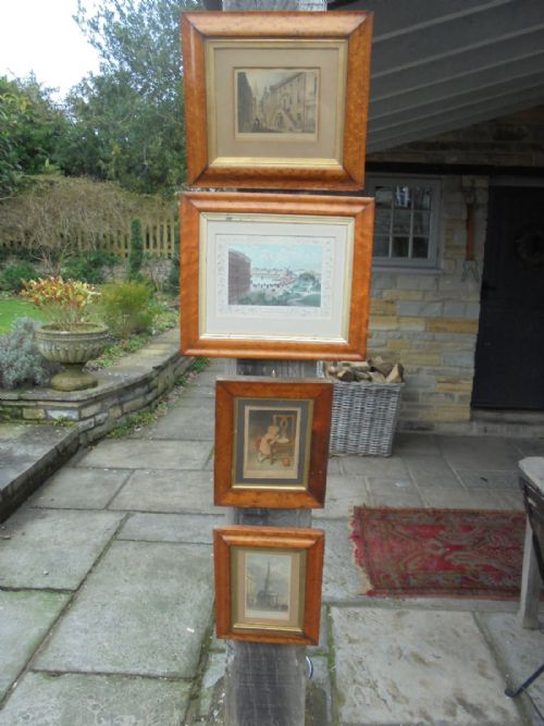 Four Various Victorian Prints in Maple Frames