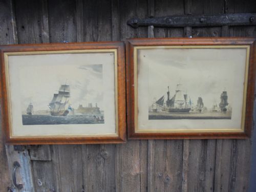 Pair of 18th Century Maritime ,Maple Framed Prints of Sailing War Ships