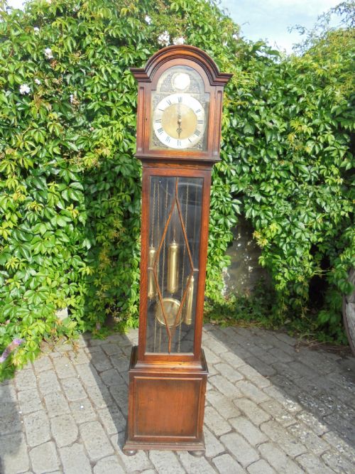 Three Weight Driven Oak Case , Brass Face Longcase Clock. Circa 1900