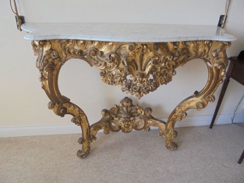 19th Century Marble Top Distressed Gilded Wood Console Table