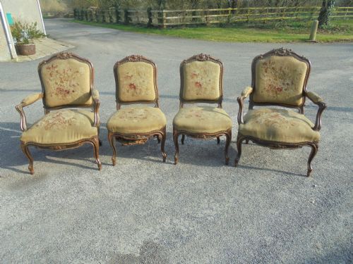 French 19th Century  Partly Gilded Walnut Chairs with Tapestry .