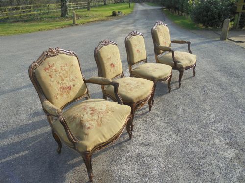 fig 1. French 19th century partly gilded walnut chairs with tapestry .