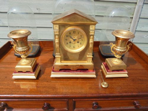Three Piece French Brass Clock Set with Original Domes