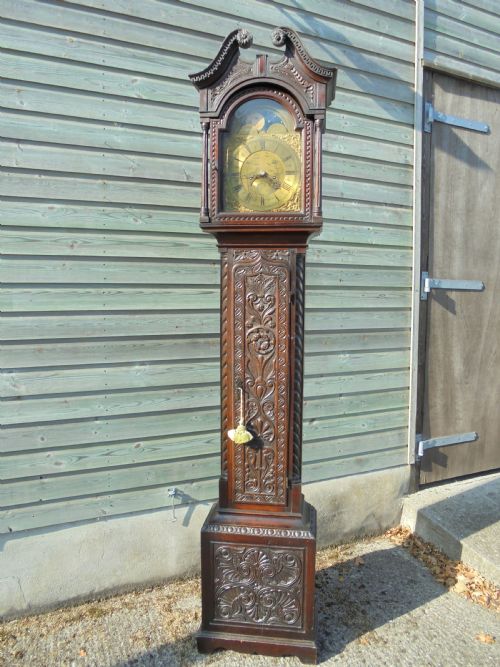 Late 18th Century Brass Face Carved Oak Grandfather Long Case Clock