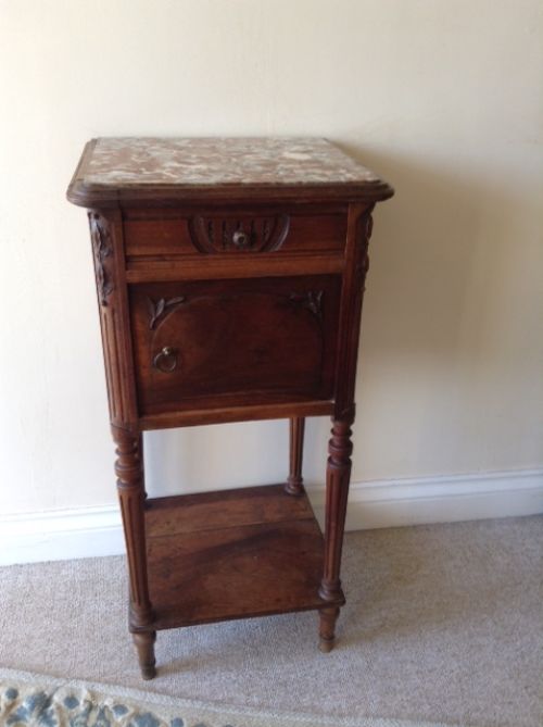 French Marble Top, Walnut Bedside Cabinet