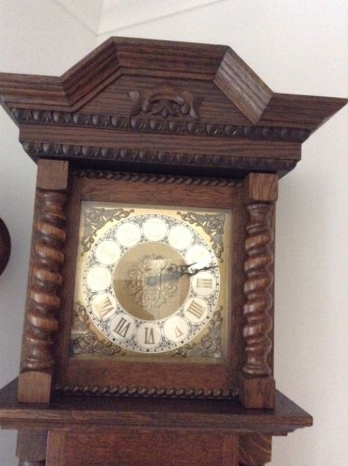 fig 1. Jacobean style three weight Grandfather long case clock