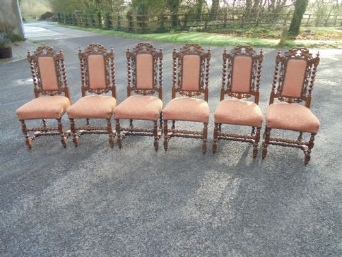 Set of 6 Oak Jacobean Style Carved Chairs.