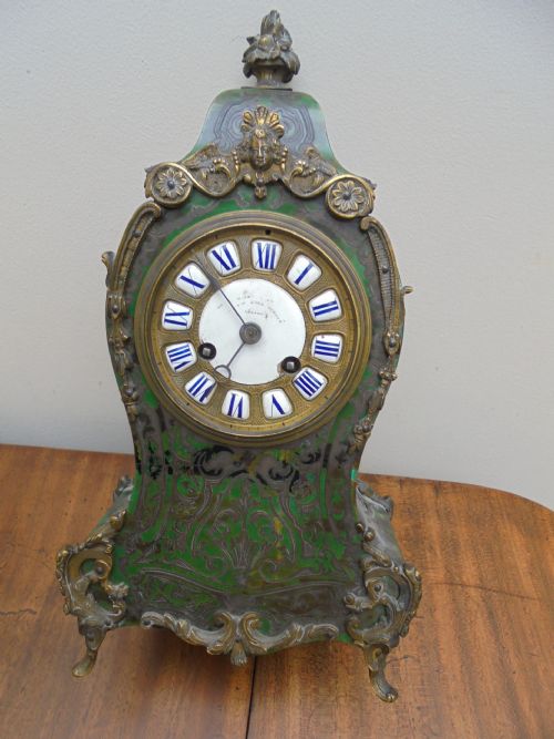 French Louis XV Style Green Tortoiseshell Boulle Mantel Clock