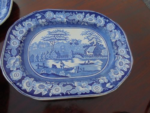 fig 1. Set three blue and white platters