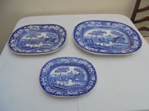 Set of Three Blue and White ' Wild Rose 'Platters