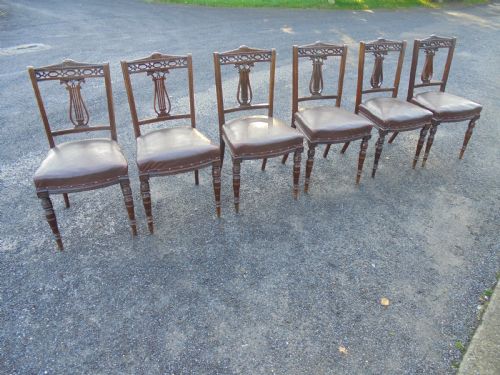 Set Six Walnut Lyre Back Dining Chairs