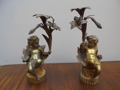 Pair of 19th Century Gilded Cherub Lamps