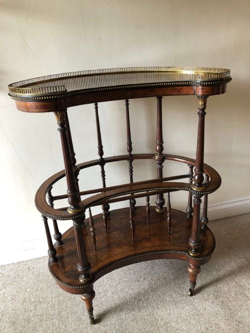 Victorian Kidney Shaped Walnut and Inlaid Canterbury and Whatnot