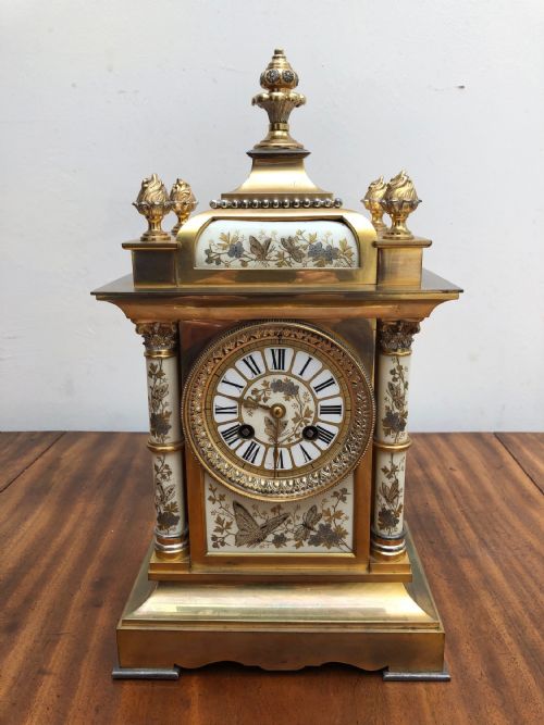 French Brass and Enamelled Mantle Clock with Jewelled Butterflies