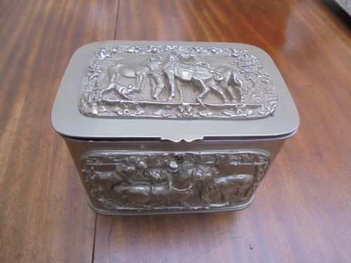Silver Plated Tea Caddy Depicting Horses and Riders