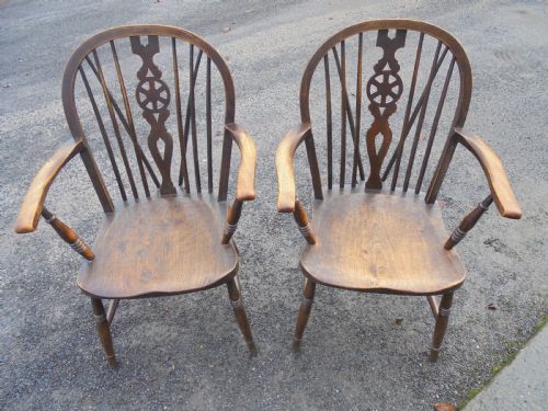 Pair of Ash and Elm Wheelback Armchairs