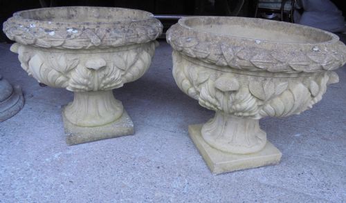 Large Pair of Weathered Stone Garden Urns