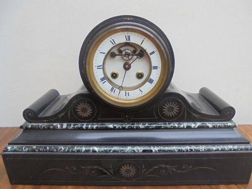 Antique  Drum Head Slate and Marble Mantle Clock