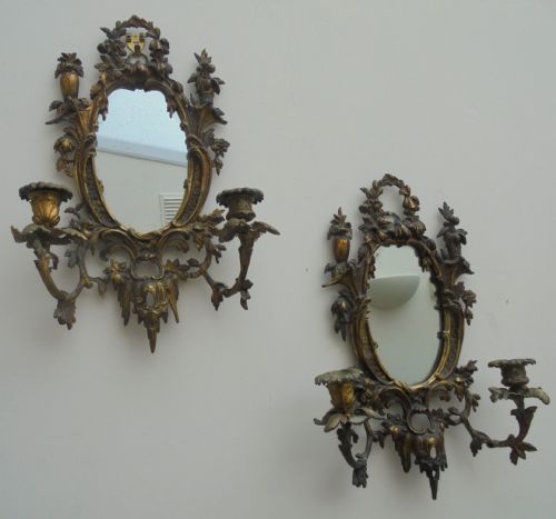 Ornate Pair of French Gilded Wall Mirrors with Candle Sconces