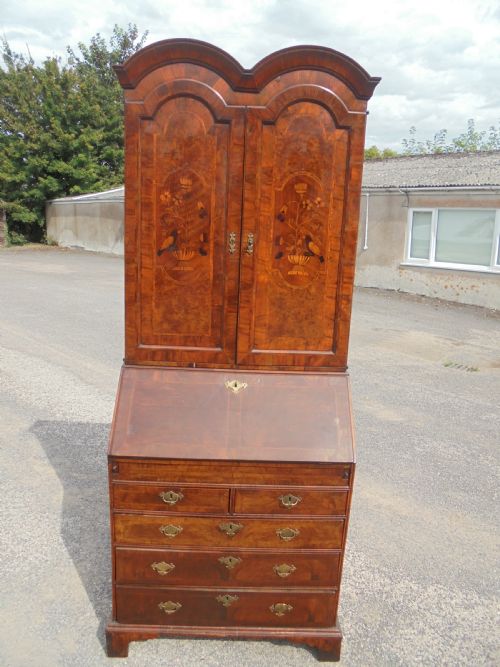 Queen Anne Style Walnut Bureau Bookcase Marquetry Panels